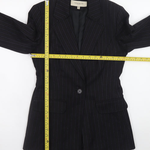 Karen Millen Women Black Pinstripe Wool Blend Blazer UK 10 Slim Fit