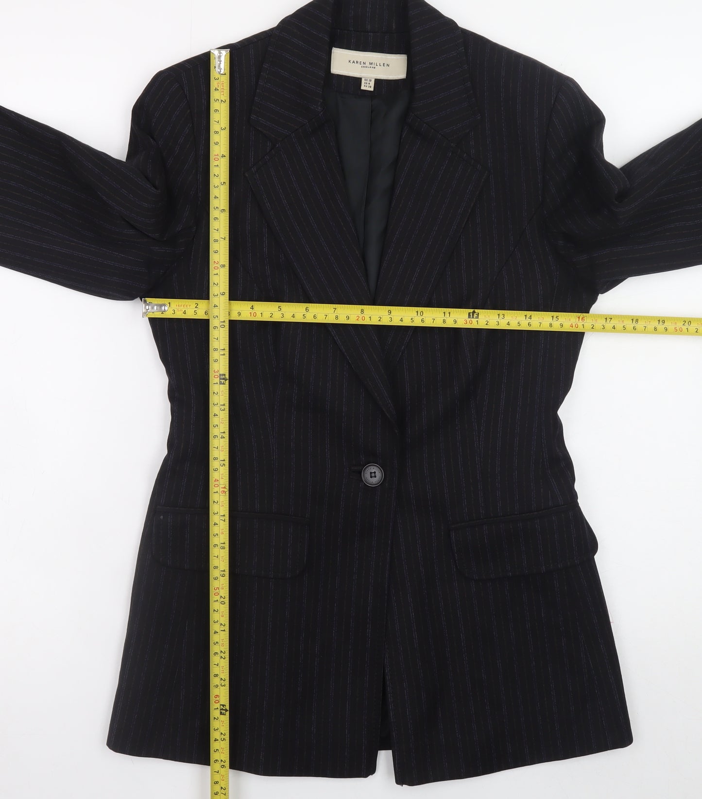 Karen Millen Women Black Pinstripe Wool Blend Blazer UK 10 Slim Fit