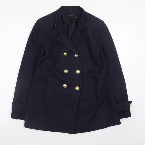 Zara Women's Blue Pea Coat Size 8 Double-Breasted Cotton Blend