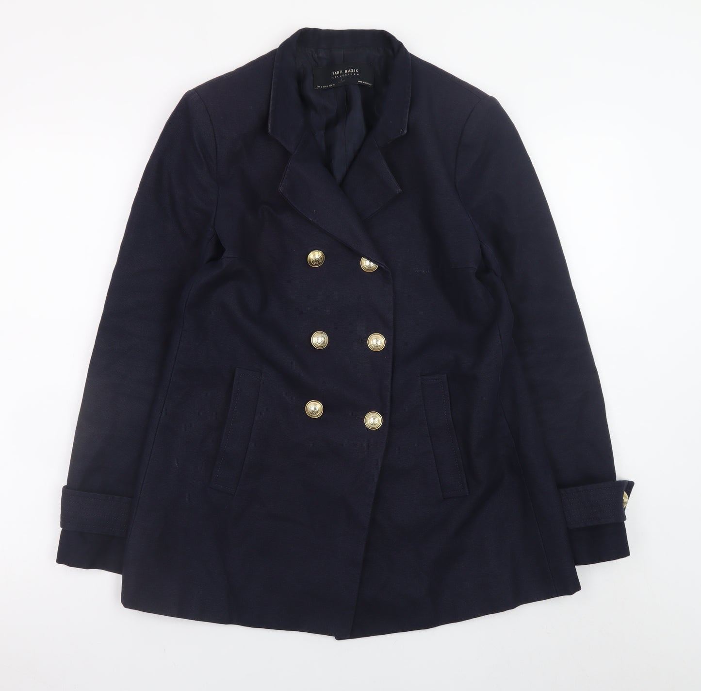 Zara Women's Blue Pea Coat Size 8 Double-Breasted Cotton Blend