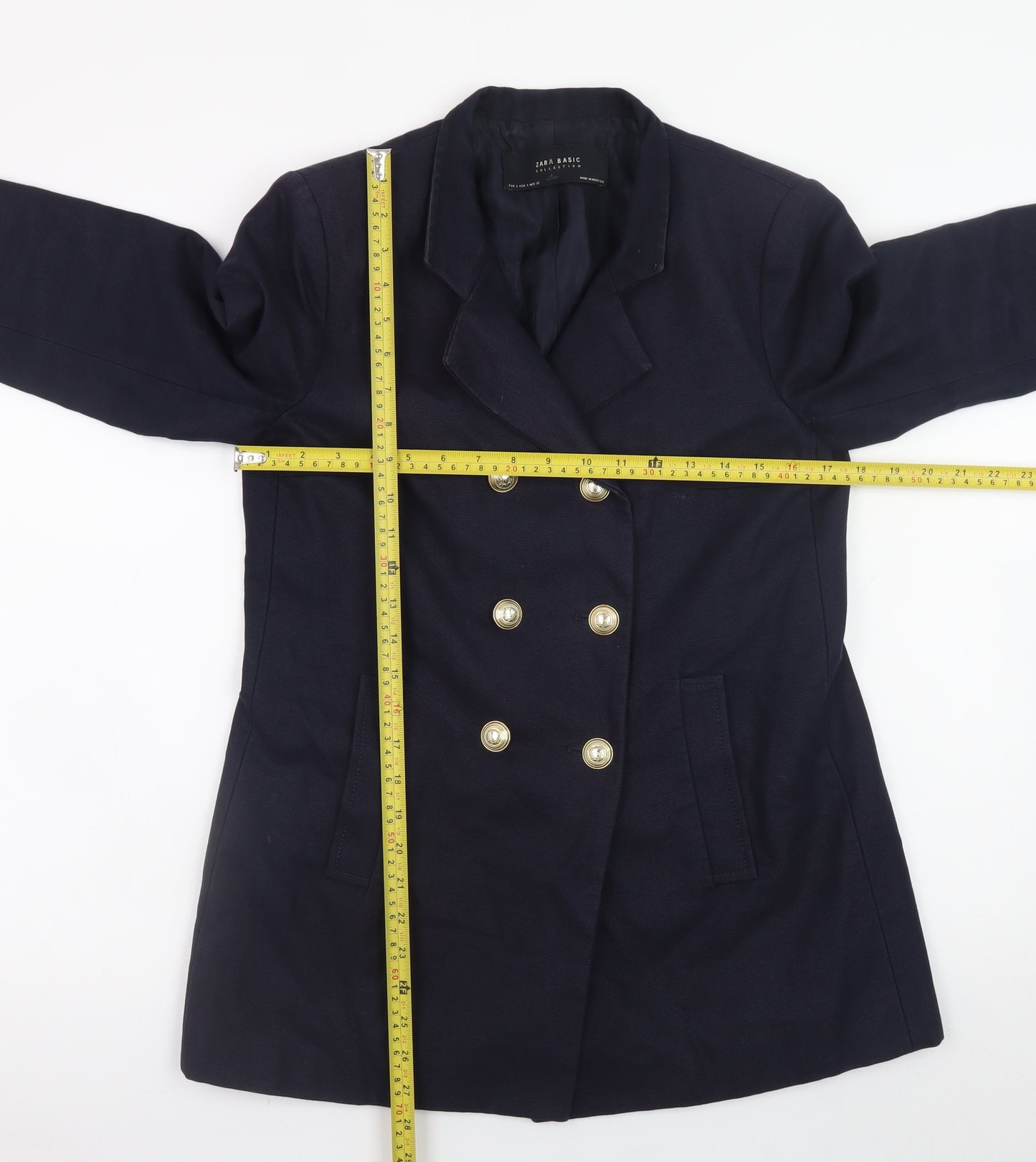 Zara Women's Blue Pea Coat Size 8 Double-Breasted Cotton Blend