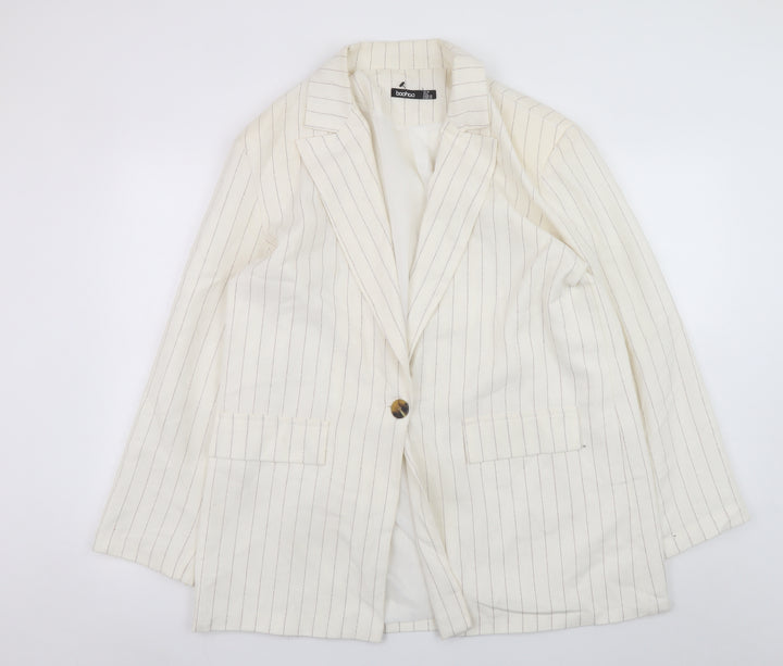 Boohoo Women’s Ivory Pinstripe Blazer UK 10 Single-Breasted Jacket