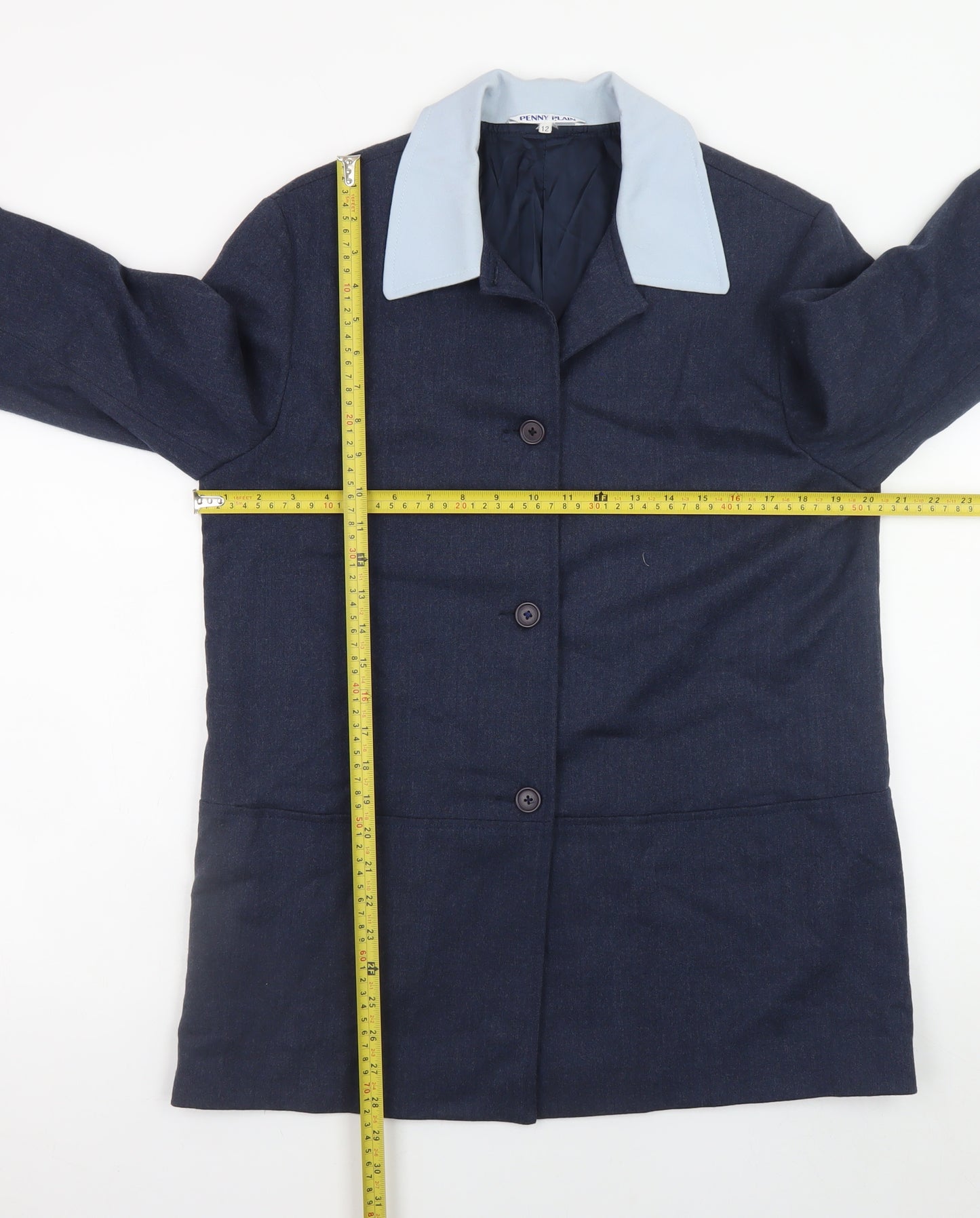 Penny Plain Women's Blue Wool Blend Overcoat Size 12
