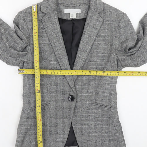 H&M Women Grey Check Slim Fit Blazer Size 4 Classic Workwear