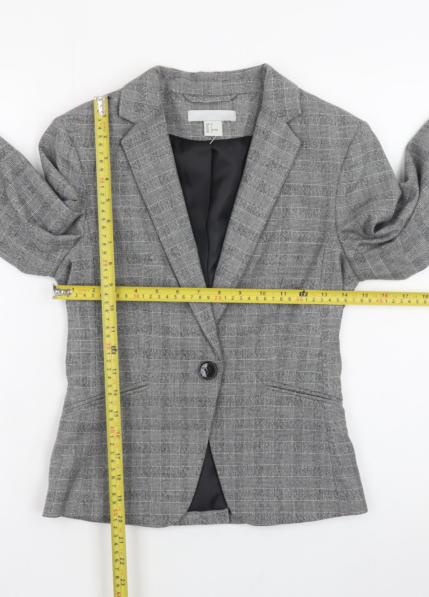H&M Women Grey Check Slim Fit Blazer Size 4 Classic Workwear