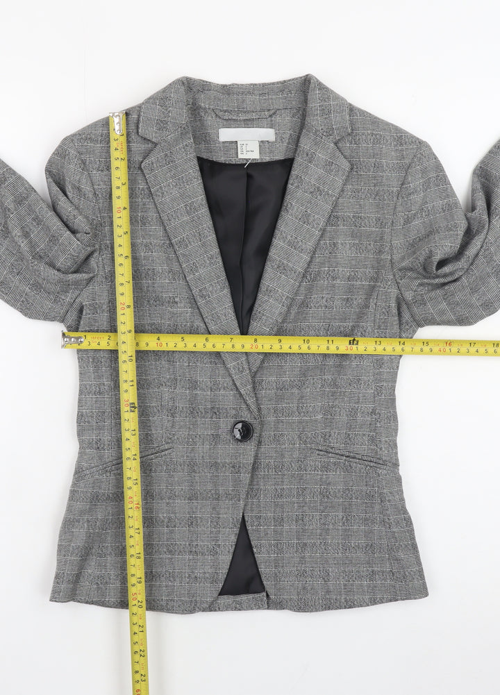 H&M Women Grey Check Slim Fit Blazer Size 4 Classic Workwear