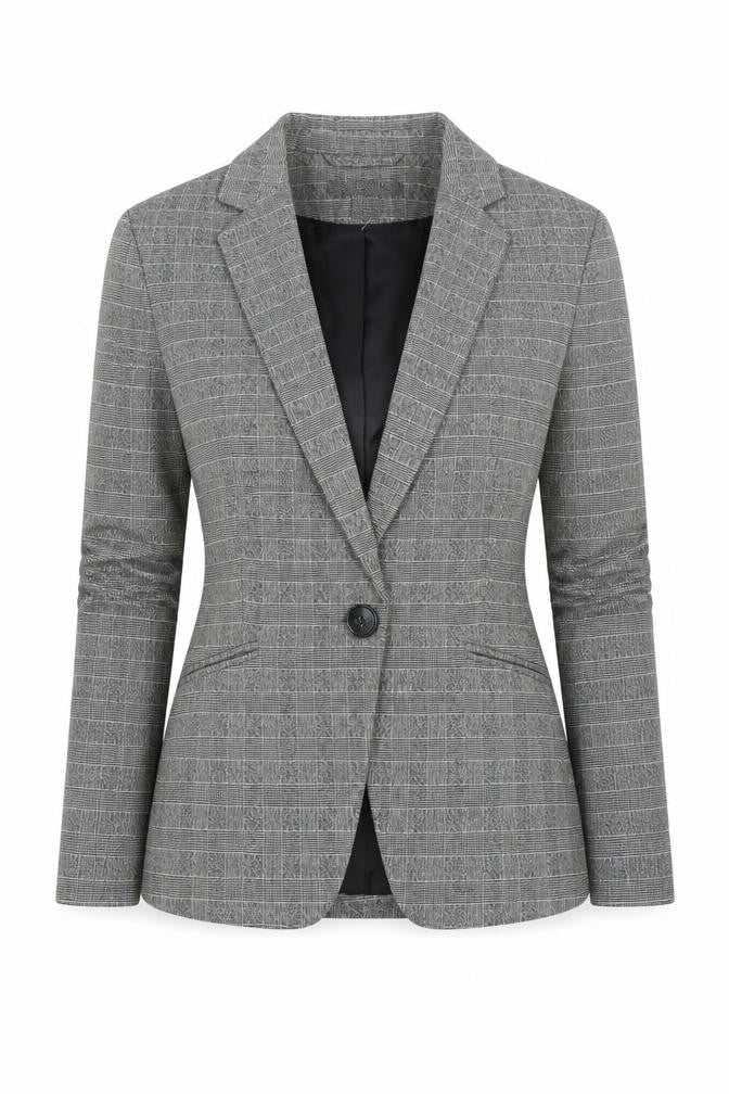 H&M Women Grey Check Slim Fit Blazer Size 4 Classic Workwear