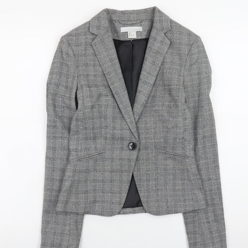 H&M Women Grey Check Slim Fit Blazer Size 4 Classic Workwear