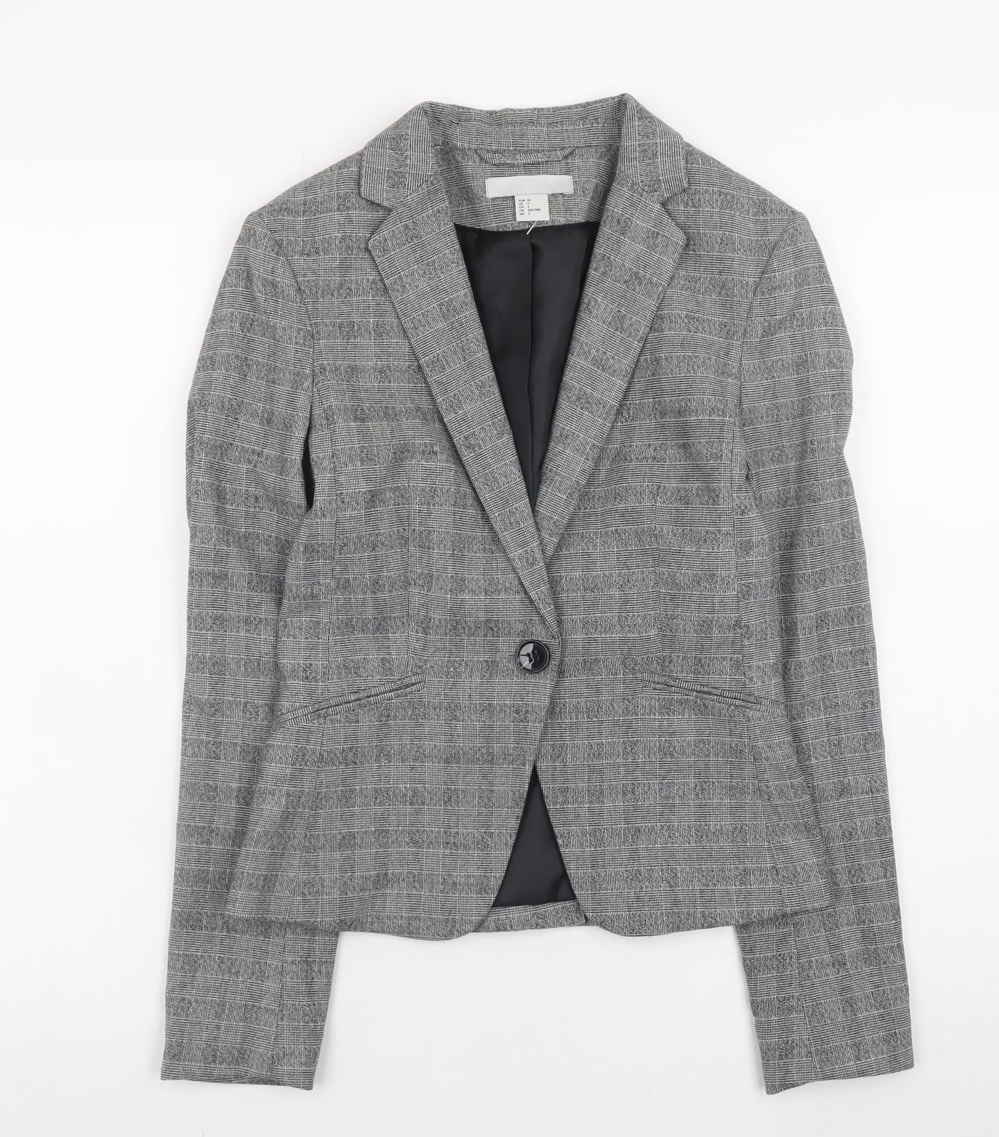 H&M Women Grey Check Slim Fit Blazer Size 4 Classic Workwear