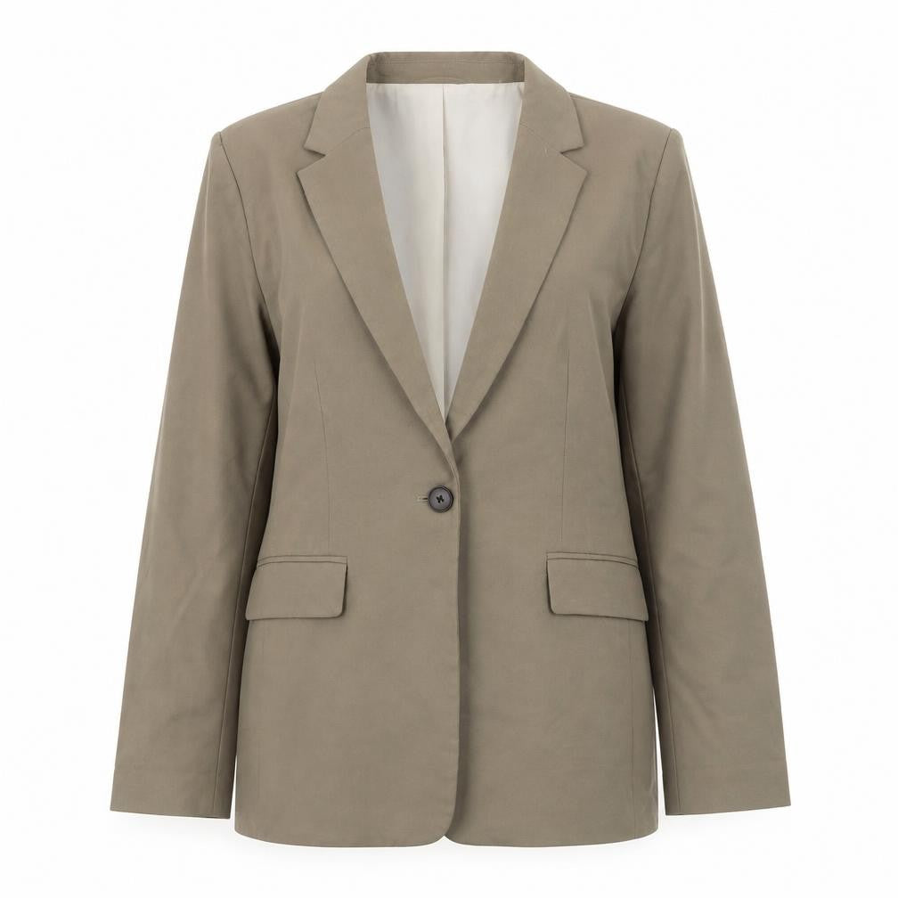 Front view of H&M women’s beige blazer jacket, size S, single breasted lined classic fit