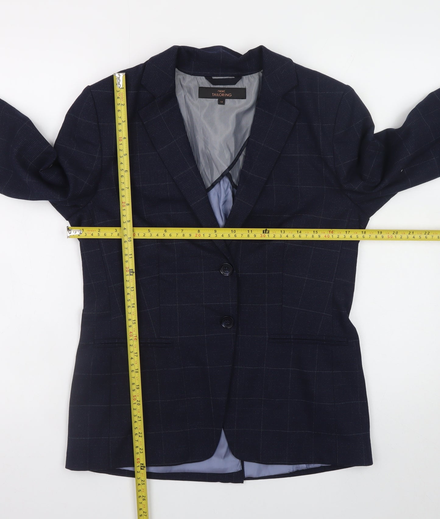 Next Women's Navy Checked Wool Blend Tailored Blazer Size 10