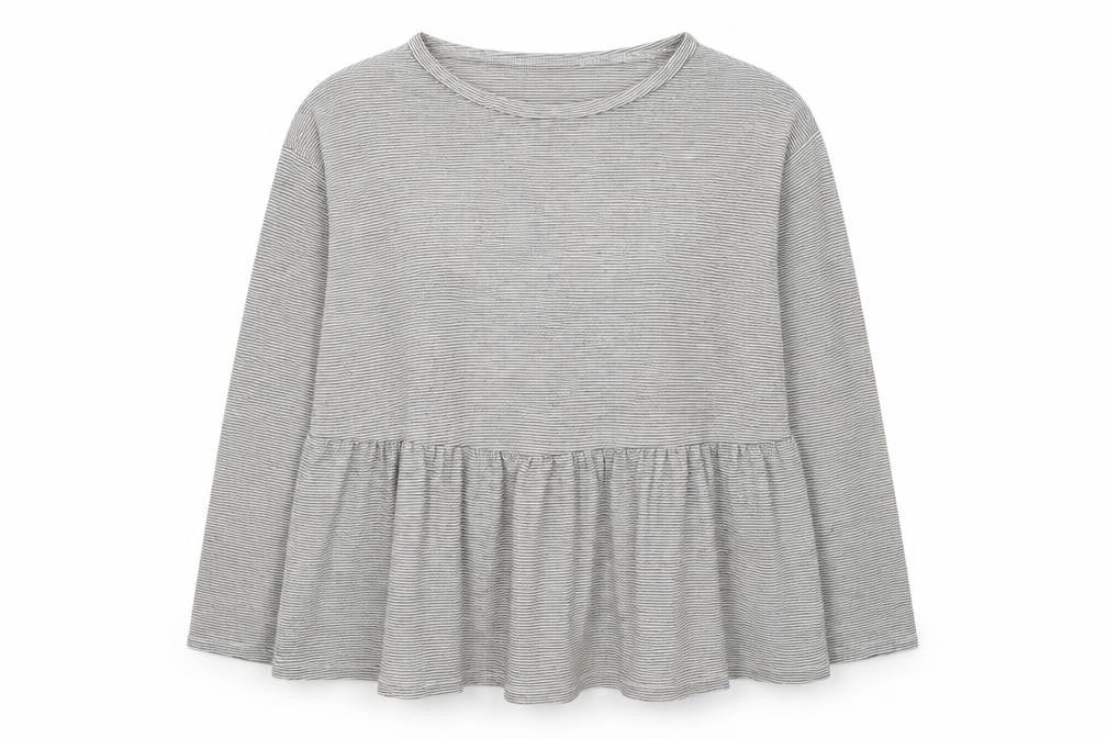Front view of ASOS DESIGN women’s grey striped tunic blouse uk 10 long sleeve