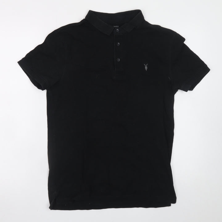 AllSaints Men's Black Cotton Polo Shirt Small Classic Fit