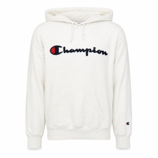 Front view of Champion Men's White Small Pullover Hoodie with Logo Embroidery