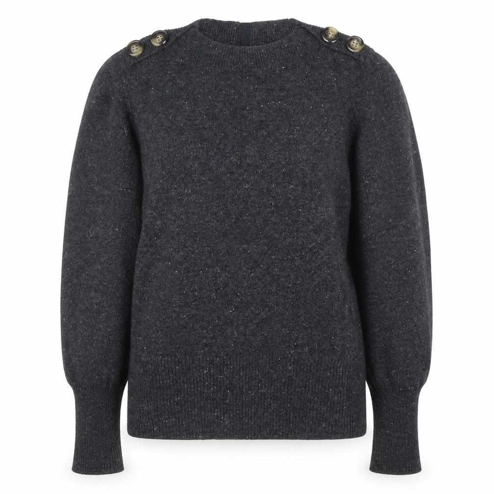 Front view of Per Una women’s grey wool blend button shoulder jumper, size UK 14