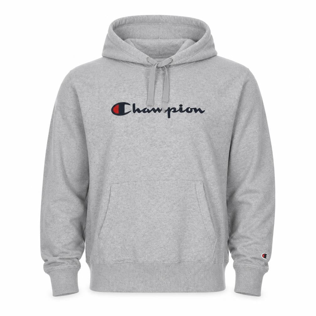 Front view of Champion Men's Grey XL Pullover Hoodie with Logo