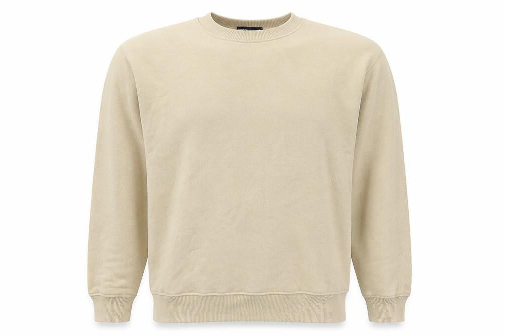 Front view of PRETTYLITTLETHING Men’s Beige Small Crew Neck Sweatshirt