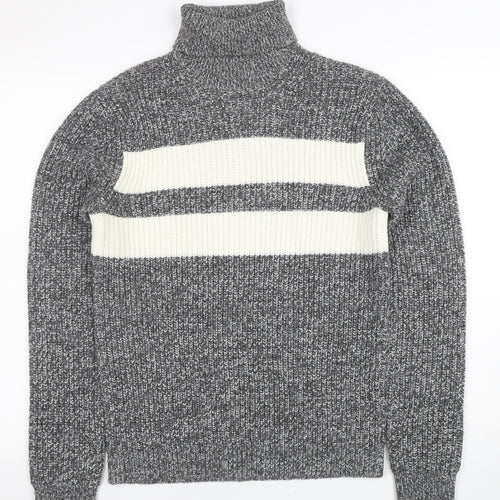 Topman Men’s Grey Roll Neck Chunky Knit Striped Jumper XS