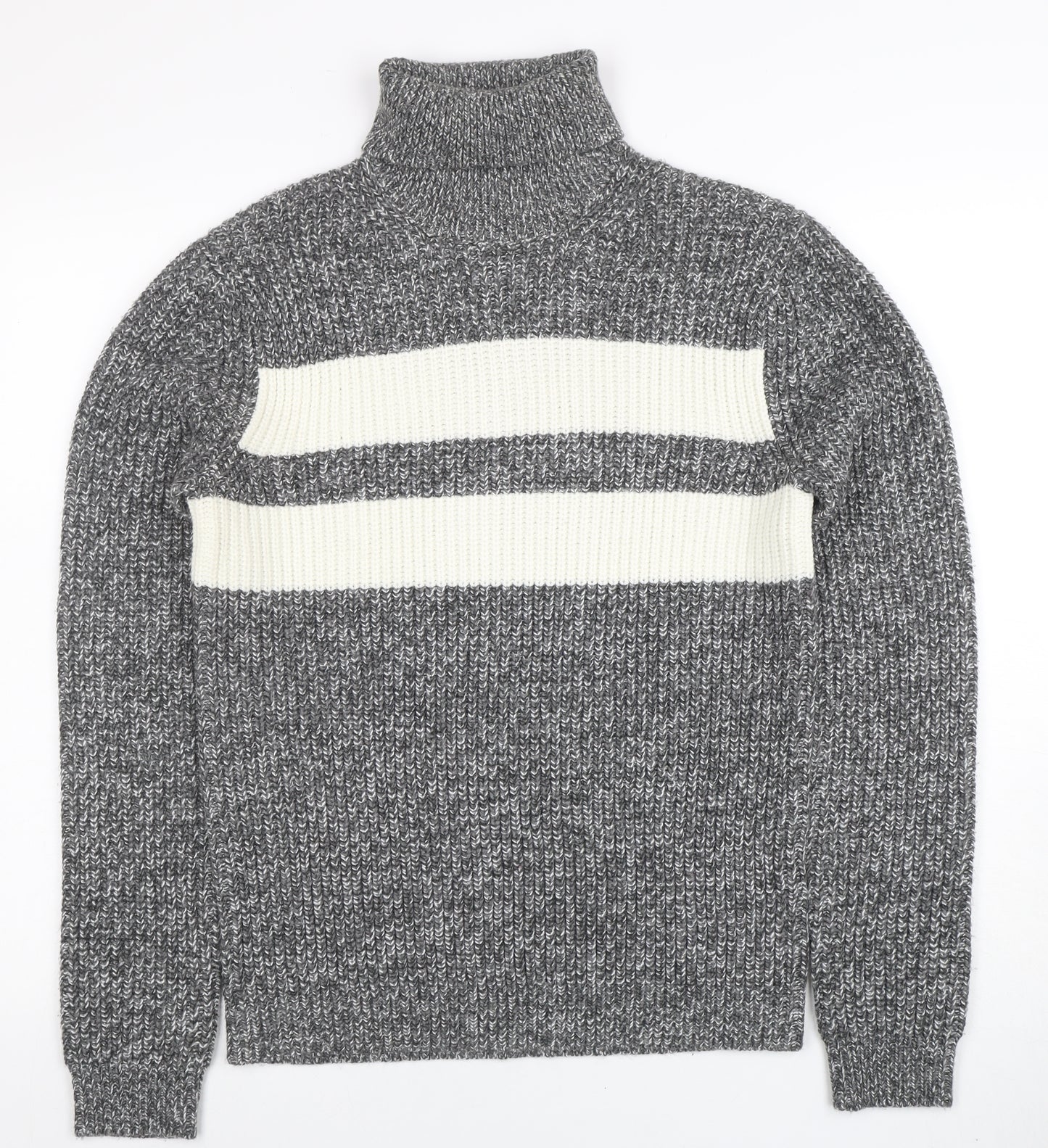 Topman Men’s Grey Roll Neck Chunky Knit Striped Jumper XS