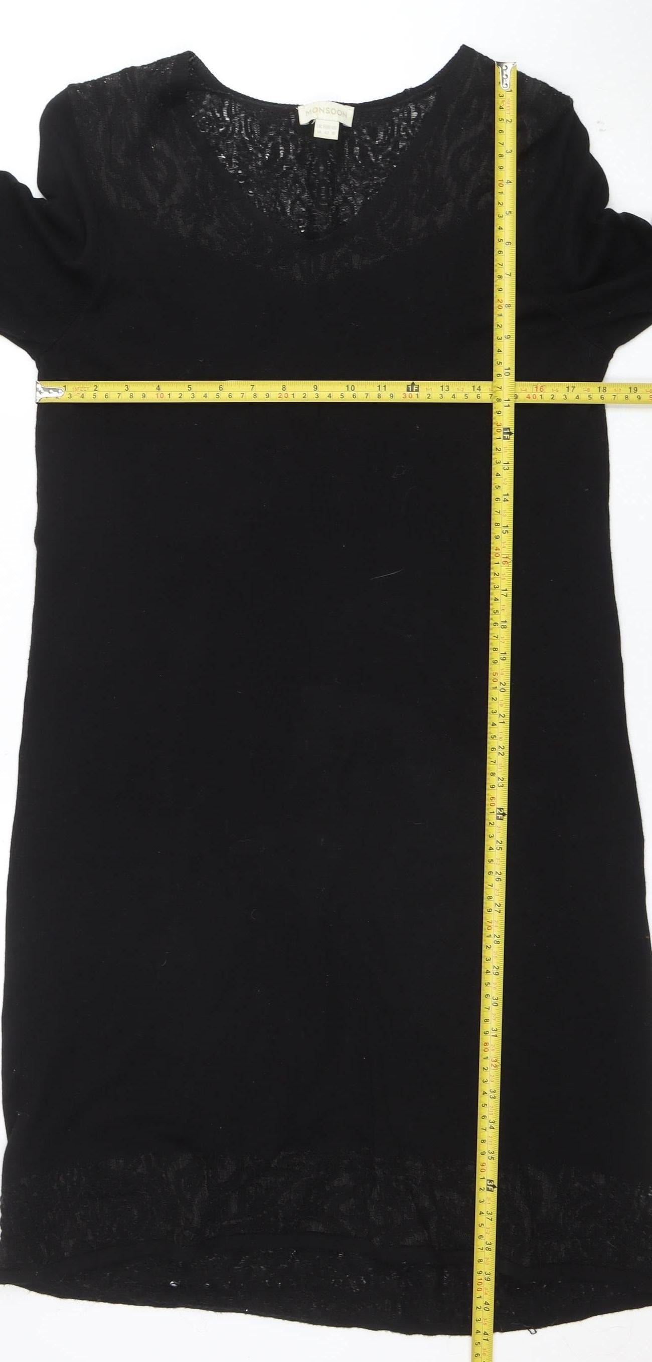 Monsoon Women Black Size 14 Lace Panel 3/4 Sleeve Shift Dress