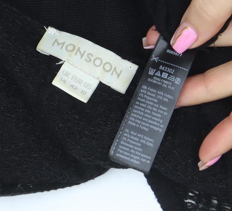 Monsoon Women Black Size 14 Lace Panel 3/4 Sleeve Shift Dress