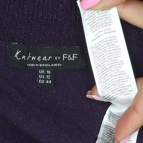 F&F Women’s Purple V-Neck Long Sleeve Acrylic Knit Jumper Size 16