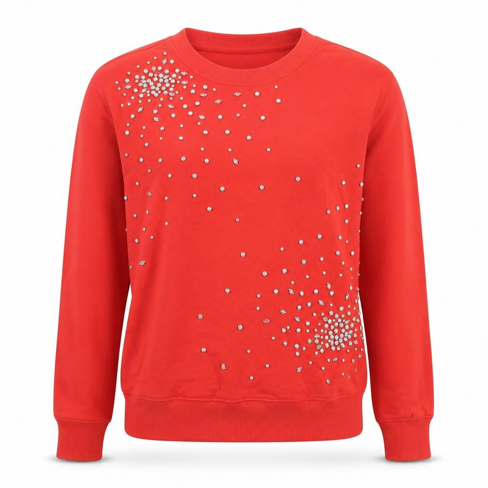 Front view of Marks & Spencer women’s red rhinestone pullover sweatshirt, size S