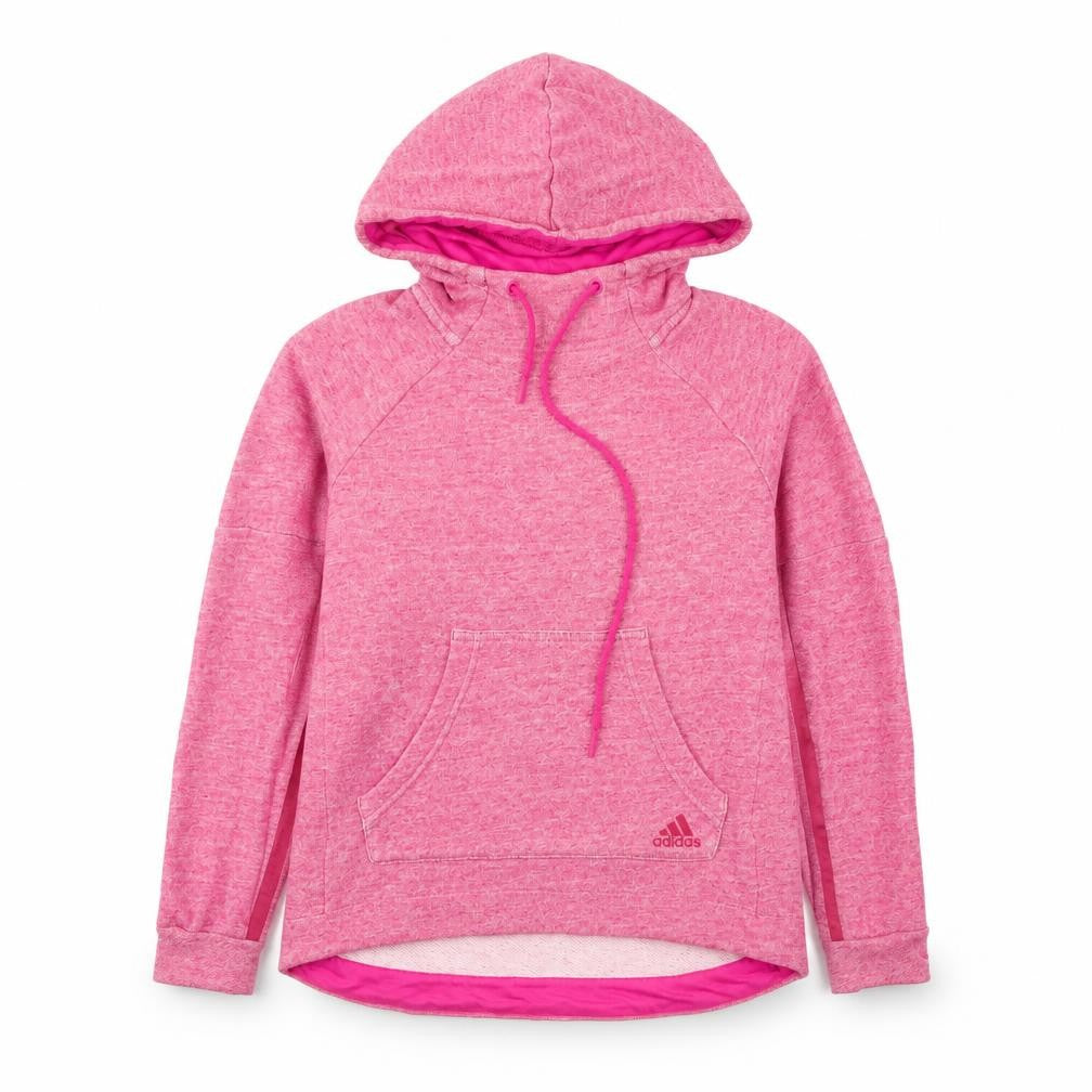Front view of Adidas women’s pink pullover hoodie small drawstring kangaroo pocket