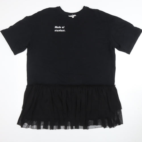 C&A Womens Black M Embroidered T-Shirt Dress with Ruffle Hem
