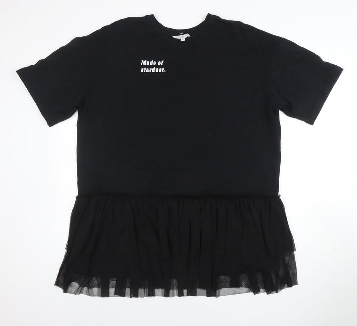 C&A Womens Black M Embroidered T-Shirt Dress with Ruffle Hem
