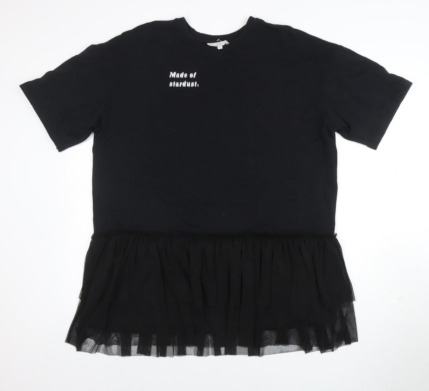 C&A Womens Black M Embroidered T-Shirt Dress with Ruffle Hem