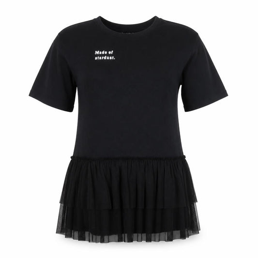 Front view of C&A women’s black m embroidered t-shirt dress with ruffle hem