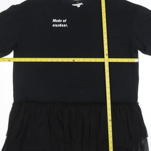 C&A Womens Black M Embroidered T-Shirt Dress with Ruffle Hem
