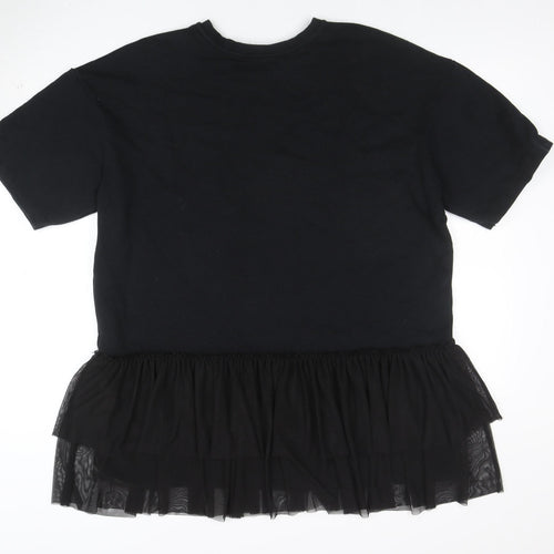C&A Womens Black M Embroidered T-Shirt Dress with Ruffle Hem
