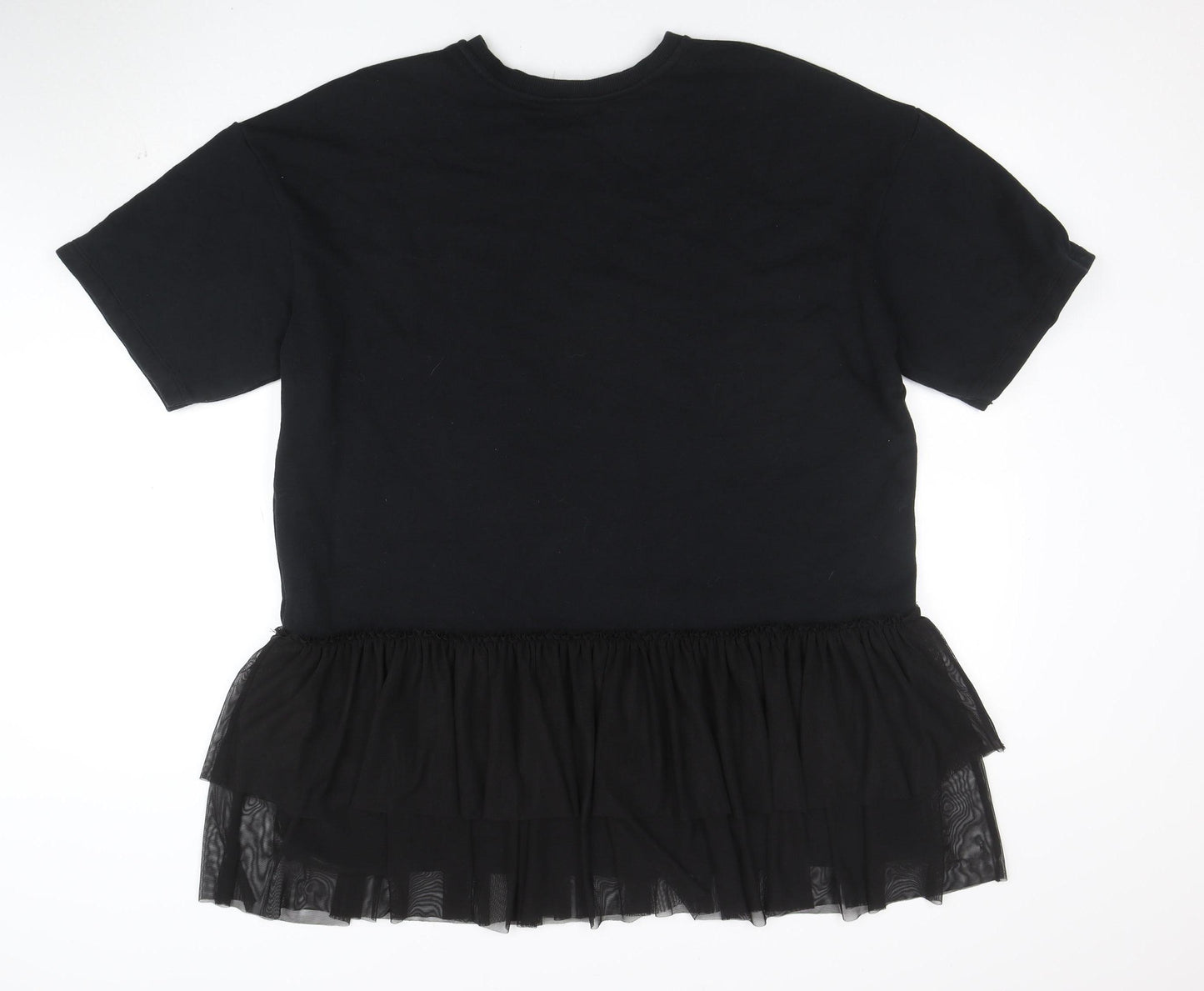 C&A Womens Black M Embroidered T-Shirt Dress with Ruffle Hem