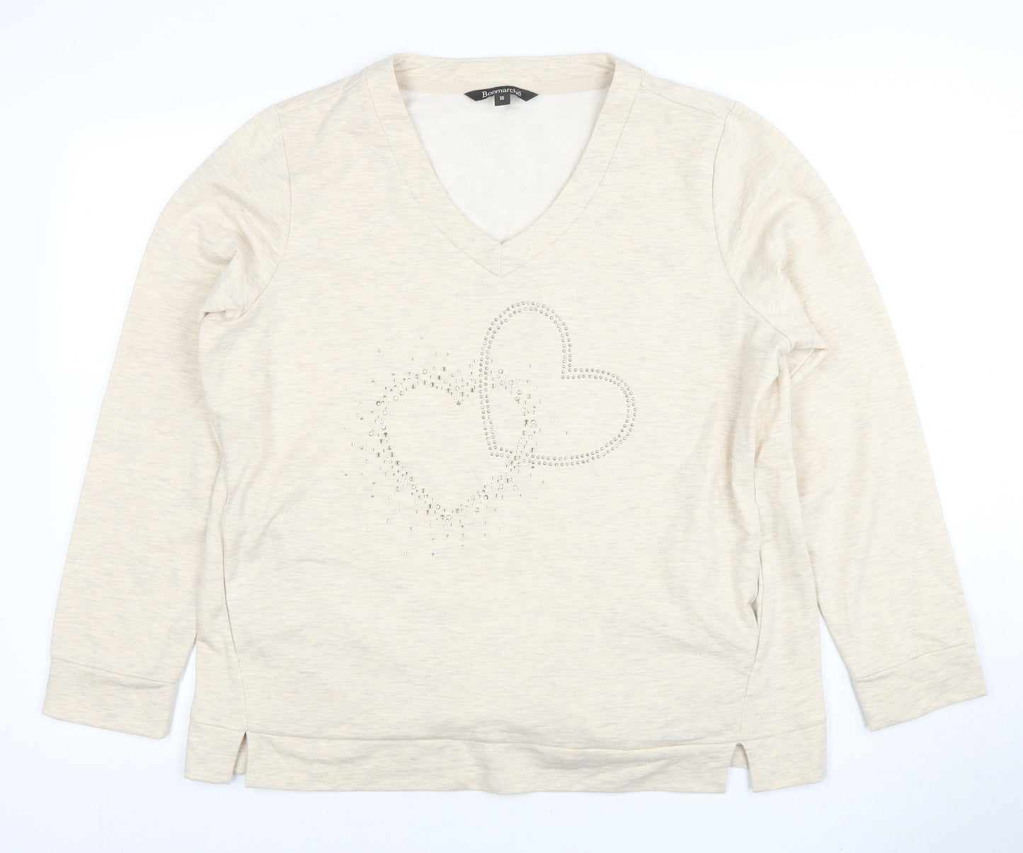 Bonmarche Women’s Beige Heart Studded V-Neck Pullover Sweatshirt Size 16
