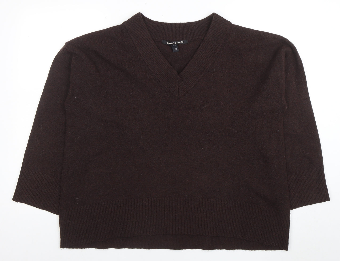 River Island Women Brown V-Neck Wool Blend Pullover Jumper Size L