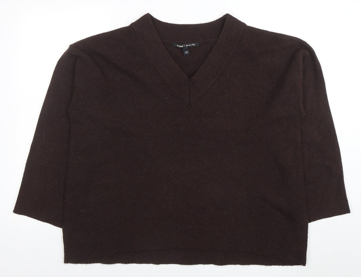 River Island Women Brown V-Neck Wool Blend Pullover Jumper Size L