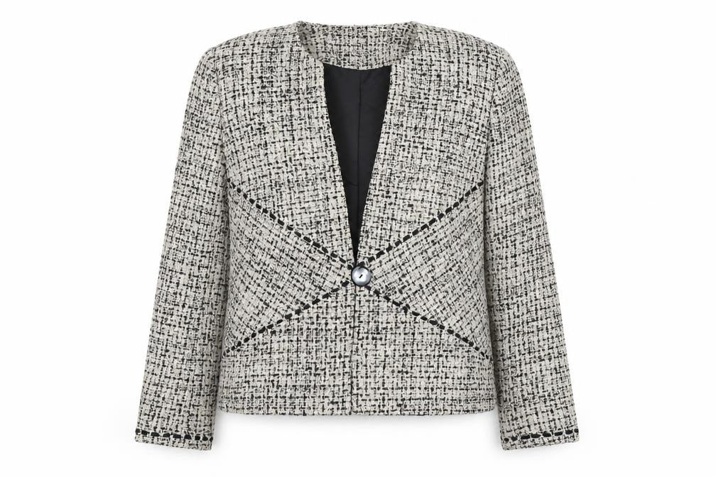 Front view of Minosa Petite Women’s Grey Bouclé Wool Blend Blazer Jacket, size UK 14
