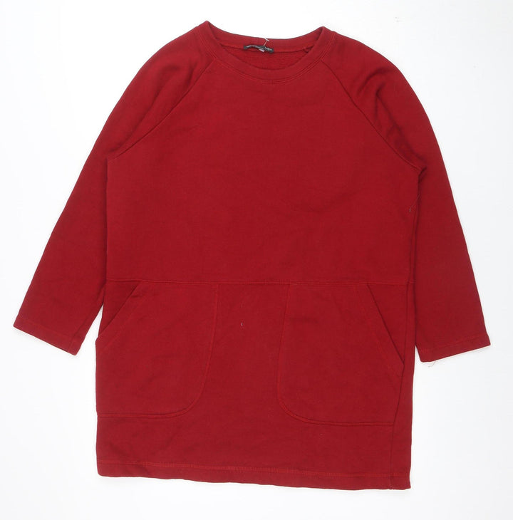 ZARA Women Red Shift Dress Size M 3/4 Sleeve Jersey Cotton Blend