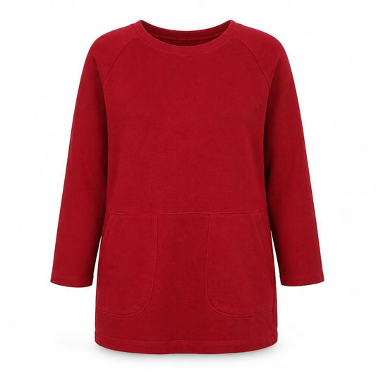 Front view of Zara Women Red Shift Dress, size M, 3/4 Sleeve Jersey Cotton Blend