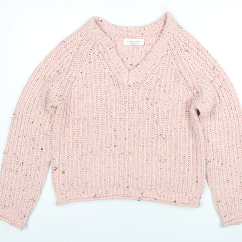 Stradivarius Women Pink V-Neck Chunky-Knit Jumper Size 8