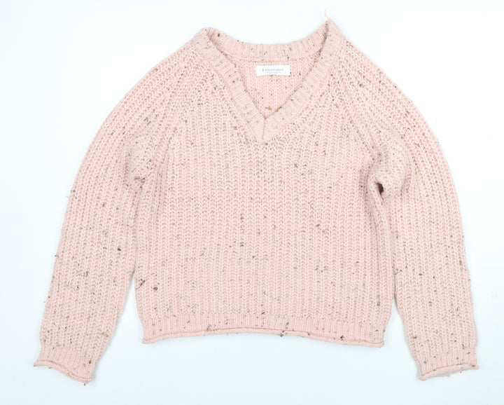 Stradivarius Women Pink V-Neck Chunky-Knit Jumper Size 8