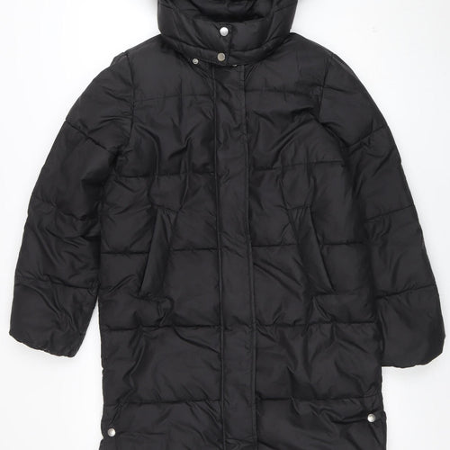 H&M Girls Black Long Hooded Puffer Coat 12-13 Years Winter Warm Jacket