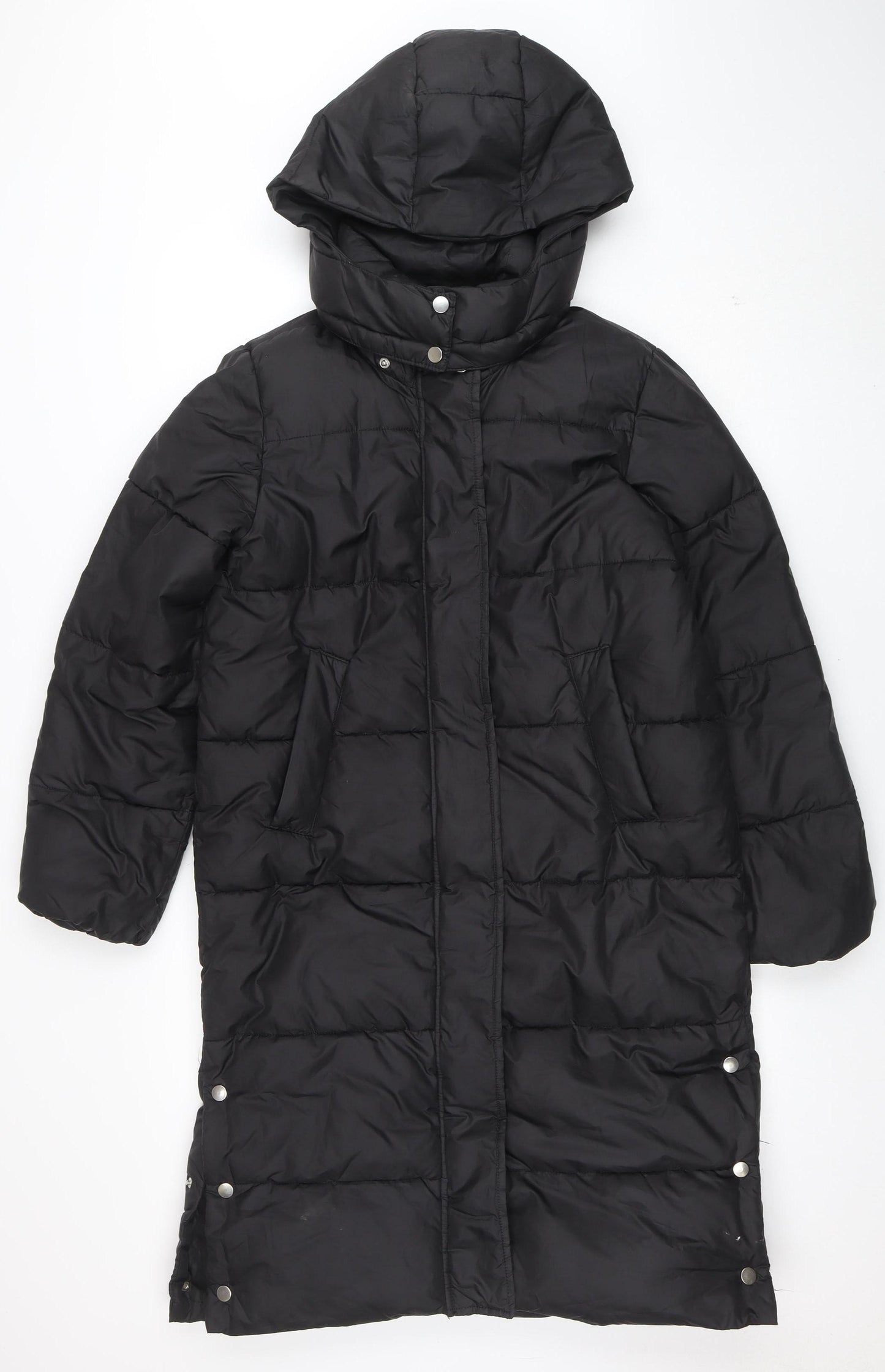 H&M Girls Black Long Hooded Puffer Coat 12-13 Years Winter Warm Jacket