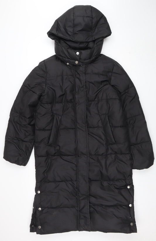 H&M Girls Black Long Hooded Puffer Coat 12-13 Years Winter Warm Jacket