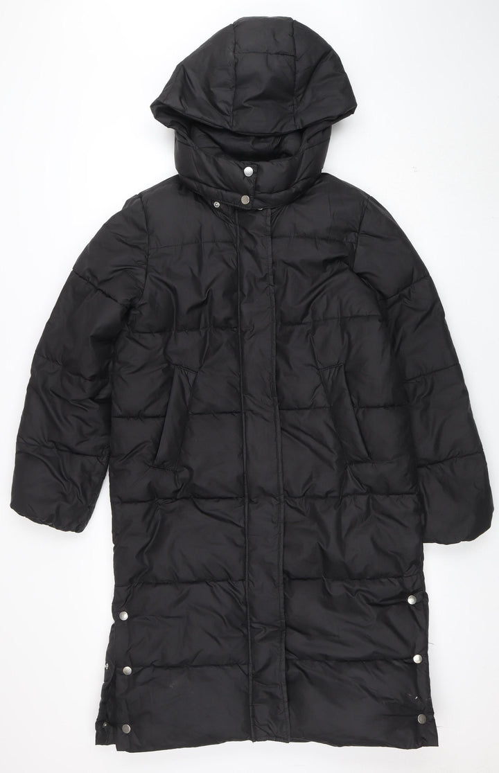 H&M Girls Black Long Hooded Puffer Coat 12-13 Years Winter Warm Jacket