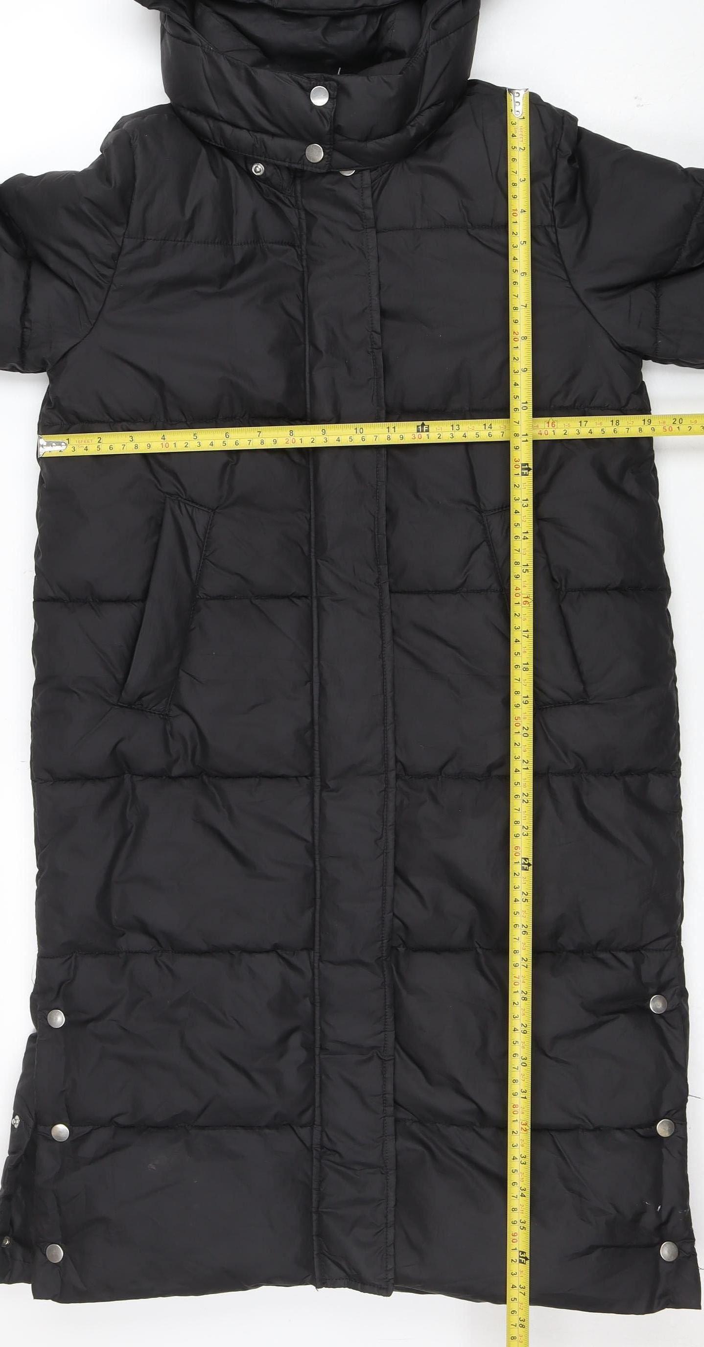 H&M Girls Black Long Hooded Puffer Coat 12-13 Years Winter Warm Jacket