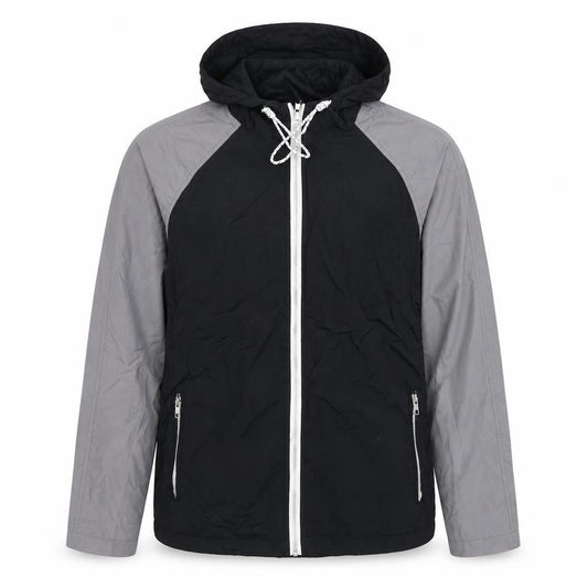 Front view of Rhino Rugby Black Label Men’s Black Grey Hooded Windbreaker Jacket, size S