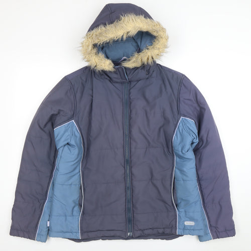Peter Storm Womens Blue L Hooded Puffer Jacket Faux Fur Trim